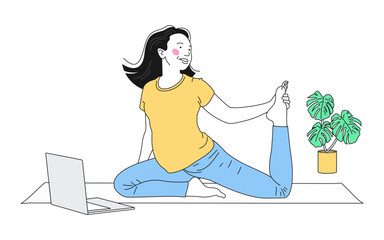 Young pregnant woman practicing yoga at home. yoga and meditation concept. vector illustration.