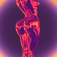 Abstract illustration from 3D rendering of a nude woman's sexy body back in metallic reflecting chrome material on colorful background and vaporwave style color palette. - obrazy, fototapety, plakaty