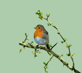 Rotkehlchen (Erithacus rubecula) Vogel sitzt auf Zweig Lowpoly Artwork - Hintergrund minze