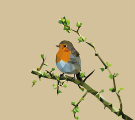 Rotkehlchen (Erithacus rubecula) Vogel sitzt auf Zweig Lowpoly Artwork - Hintergrund orange