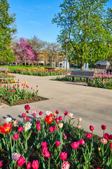 Freimann Square in Fort Wayne, Indiana during peak spring with tulip garden