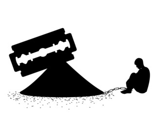 Enganchado a la droga. Drogadicto. Silueta de un drogadicto encadenado a un montón de droga cortada con una cuchilla de afeitar © Gabrieuskal