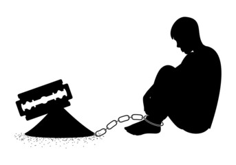 Enganchado a la droga. Drogadicto. Silueta de un drogadicto encadenado a un montón de droga cortada con una cuchilla de afeitar © Gabrieuskal