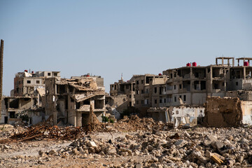  Building ruins in destroyed city (Darayya)  after the Syrian Civil War. - obrazy, fototapety, plakaty