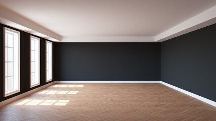 Beautiful Empty Sunlit Room with Black Walls, Three Large Windows, White Ceiling Cornice, Parquet Floor and a White Plinth. 3D rendering with a Work Path on the Windows. 8K Ultra HD, 7680x4320 © SK-Studio