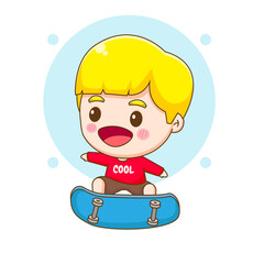 Cute happy boy playing skateboard. Chibi cartoon character. Vector art illustration