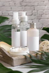 Obraz na płótnie Canvas Cosmetic bottles and skin care accessories near monstera leaves close up. Brand packaging mockup