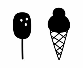 Doodle isolated ice cream icons. Eskimo on a stick and ice cream in a waffle cup vector stickers.