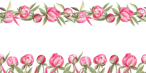 Set of the seamless garland and seamless border with peony flowers. Watercolor illustration isolated on white. For all types of decorations, holiday stuff, invitations, stationery cards, and more. 