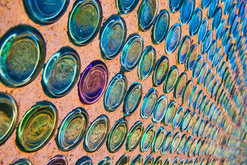 Desert ghost town of Rhyolite with colorful glass bottle wall