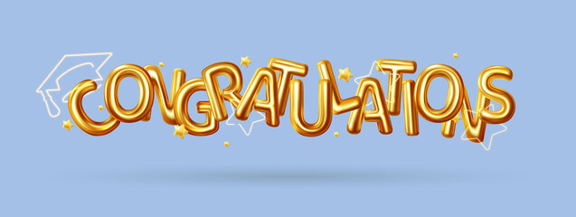 Obraz premium 3d inscription congratulations in gold letters with a neon graduation cap