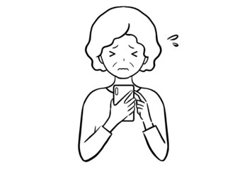 スマホで困っているシニア女性のモノクロ線画イラスト