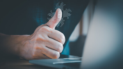 Close up fingerprint scan in security concept. Virtual scan the finger to secure or unlock privacy information.