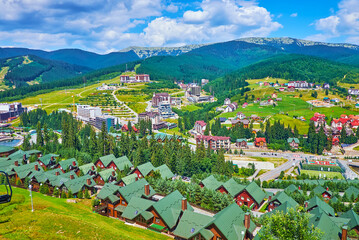 The cable car above the Bukovel resort roofs, Carpathians, Ukraine