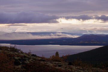 North Russia Khibiny mountains in autumn mountain lake and forest. Murmansk region.