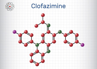 Clofazimine molecule. It is riminophenazine antimycobacterial used to treat leprosy. Molecule model. Sheet of paper in a cage
