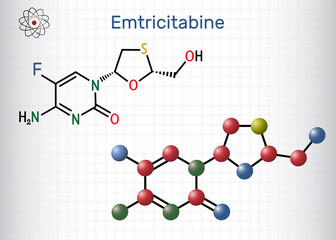 Emtricitabine, FTC molecule. It is nucleoside reverse transcriptase inhibitor used for treatment of HIV. Structural chemical formula, molecule model. Sheet of paper in a cage