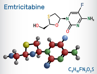 Emtricitabine, FTC molecule. It is nucleoside reverse transcriptase inhibitor used for treatment of HIV. Structural chemical formula and molecule model. Vector illustration