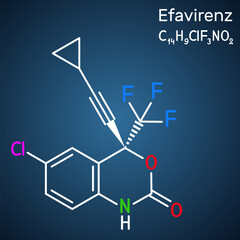 Fototapeta premium Efavirenz, EFV molecule. It is antiretroviral medication used to treat HIV and AIDS. Structural chemical formula on the dark blue background.