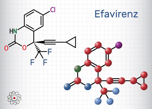 Efavirenz, EFV molecule. It is antiretroviral medication used to treat HIV and AIDS. Structural chemical formula and molecule model. Sheet of paper in a cage
