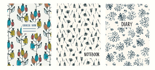 Fototapeta na wymiar Set of cover page templates based on patterns with anemone, poppy flowers in Ditzy style and gridlines. Backgrounds for notebooks, notepads, diaries. Headers isolated and replaceable