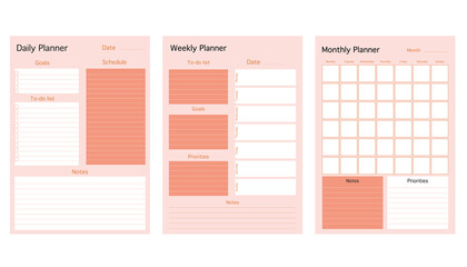 3 Set of minimalist planners. Today, weekly, monthly planner template. Simple printable to do list. Business organizer page. Paper sheet. Realistic vector illustration.