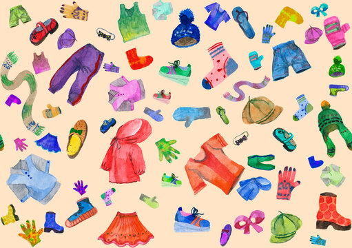Sample seamless pattern of watercolor sketches of different items of clothing on a yellow background