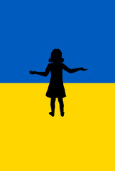 Fototapeta na wymiar silhouette girl on the flag of ukraine no war