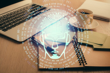 Double exposure of brain drawing and desktop with coffee and items on table background. Concept of...