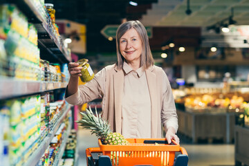 Portrait of a senior gray-haired woman in a supermarket in the grocery store chooses groceries, a...