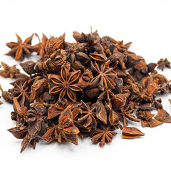 Obraz premium Heap of dried star anise isolated on white background. spot focus.
