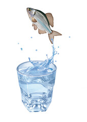 bouvière , poisson, évasion, saut, eau, en verre, boire, clapoter, liquide, isolé, froid, blanc, danger, boisson, glace, bouillonner, bleu, éclaboussure, frais, clair, abattre, verser, sain, transpare