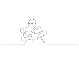 Flamenco guitarist in line art drawing style. Composition of traditional spanish musician. Black linear sketch isolated on white background. Vector illustration design.