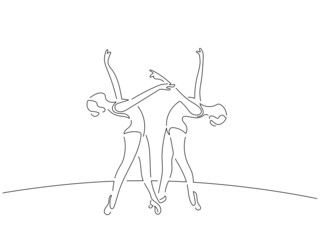 Classic dancers in line art drawing style. Composition of a ballet group dancing. Black linear sketch isolated on white background. Vector illustration design.
