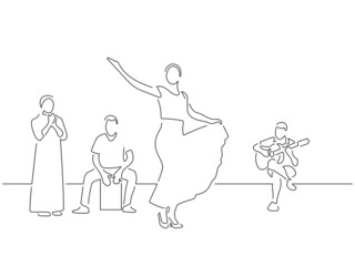 Flamenco music band in line art drawing style. Composition of traditional spanish musicians. Black linear sketch isolated on white background. Vector illustration design. - obrazy, fototapety, plakaty