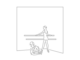 Classic dancers in line art drawing style. Composition of a ballet group dancing. Black linear sketch isolated on white background. Vector illustration design.