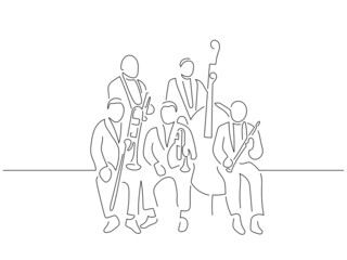 Jazz band in line art drawing style. Composition of a group of musicians. Black linear sketch isolated on white background. Vector illustration design.
