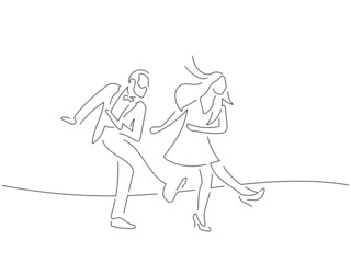 Modern dancers in line art drawing style. Composition of a couple dancing. Black linear sketch isolated on white background. Vector illustration design.