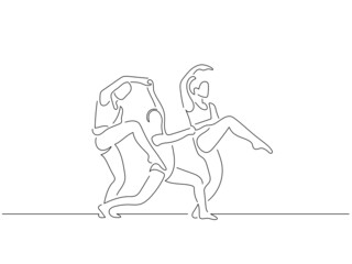 Classic dancers in line art drawing style. Composition of a ballet group dancing. Black linear sketch isolated on white background. Vector illustration design.