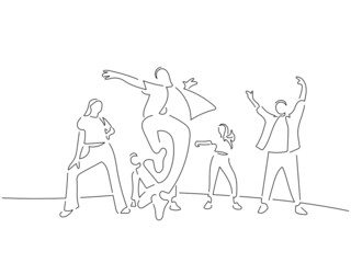 Modern dancers in line art drawing style. Composition of a dance group. Black linear sketch isolated on white background. Vector illustration design.