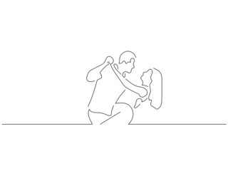 Modern dancers in line art drawing style. Composition of a couple dancing. Black linear sketch isolated on white background. Vector illustration design.