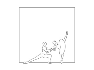Classic dancers in line art drawing style. Composition of a ballet group dancing. Black linear sketch isolated on white background. Vector illustration design.
