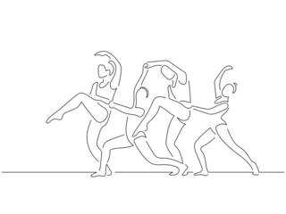 Fototapeta na wymiar Classic dancers in line art drawing style. Composition of a ballet group dancing. Black linear sketch isolated on white background. Vector illustration design.
