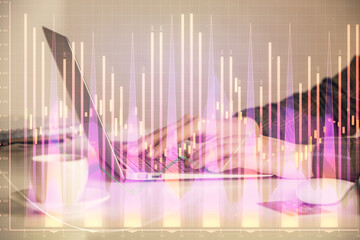 Double exposure of businesswoman hands typing on computer and forex graph hologram drawing. Financial analysis concept.