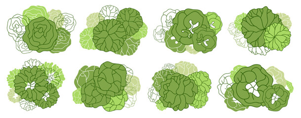 Set of vector trees. Entourage design for the plan. Various trees, bushes, and shrubs, top view for the landscape design plan. Vector illustration.