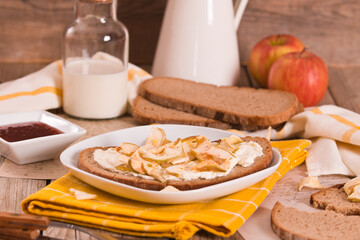 Rye bread with apple in crispy slices with skin.