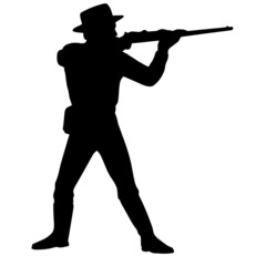 A brave cowboy aims a Winchester rifle and shoots back at enemies. Black and white silhouette of a man with a gun.  American Legend - obrazy, fototapety, plakaty