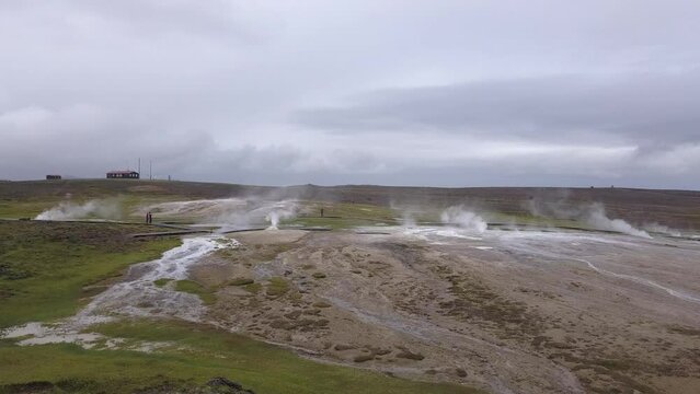 Hveravellir geothermal area in the middle of Highland in Iceland. It has trails, hot basin, small geyser. Drone view