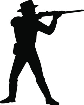 A brave vector cowboy aims a Winchester rifle and shoots back at enemies. Black and white silhouette of a man with a gun.  American Legend