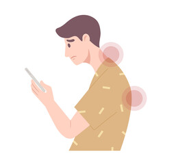 Man using smartphone wrong position cause of back and neck pain. Concept of office syndrome, health care, backbone, spine, anatomy, posture. Flat vector illustration character.